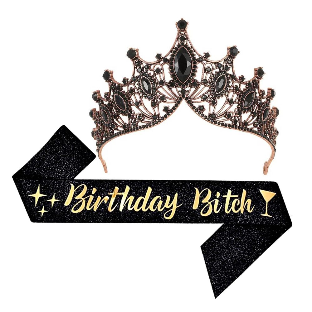 3245 Birthday Sash and Crown Tiaras , Black Glitter Sash with Gold Foil
